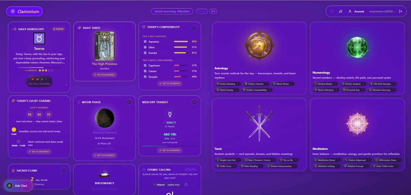Clarionium — Astroloģijas un numeroloģijas vadības panelis
